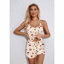 Women's Cami Pajama Set Sleeveless Racerback Tank Top Soft Sleepwear For 2025 - Cherry Teddy Bear Silhouette - View 2
