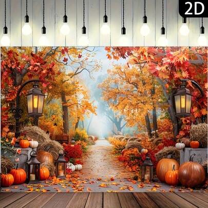 1 Stück 2D Banner, Herbst Ernte Hintergrund - Kürbisse, Ahornblätter und Straßenlaternen, geeignet für Thanksgiving, Geburtstag, Porträtfotografie, Einweihungsparty, Singles Party, Erste Kommunion, Polyester, geeignet für Wohnzimmer, Outdoor-Dekoration, Live-Streaming und Fotobox, allgemeiner Party Hintergrund