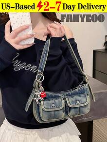 [US-Based Shipping]Fashionable Vintage Women's Distressed Denim Shoulder Bag, Multifunctional High-Quality Crossbody Bag, Niche Fashion Handbag, Stylish Solid-Color Minimalist Durable Vintage Tote Bag. Suitable For Women's Daily Use, Dates, And Gifts. Avant-Garde Women's Fashion Shoulder Bag. Explore Punk-Style Letter Clutch Bags, Denim Clutch Bags With Long Shoulder Straps. Women's Casual Tote Bag, Multifunctional Commuter Bag, Fashionable Shoulder Bag, Suitable For Women's Daily Use, Popular Women's Bag Styles, Women's Tote Bag, Perfectly Complements Fall/Winter Outfits, Ideal As Gifts For Halloween, Christmas, New Year, And Other Holidays. Cyber Monday Holiday Gift Velvet Party New Year Birthday Gifts For Girlfriend, Mother, Wife, And Friends Valentine's Day Gifts New Year Gifts Valentines Gifts - 多色 - 查看 1