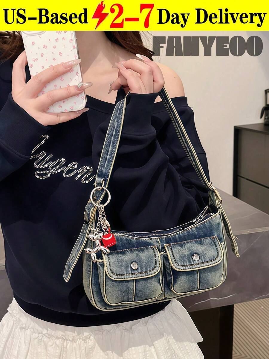 [US-Based Shipping]Fashionable Vintage Women's Distressed Denim Shoulder Bag, Multifunctional High-Quality Crossbody Bag, Niche Fashion Handbag, Stylish Solid-Color Minimalist Durable Vintage Tote Bag. Suitable For Women's Daily Use, Dates, And Gifts. Avant-Garde Women's Fashion Shoulder Bag. Explore Punk-Style Letter Clutch Bags, Denim Clutch Bags With Long Shoulder Straps. Women's Casual Tote Bag, Multifunctional Commuter Bag, Fashionable Shoulder Bag, Suitable For Women's Daily Use, Popular Women's Bag Styles, Women's Tote Bag, Perfectly Complements Fall/Winter Outfits, Ideal As Gifts For Halloween, Christmas, New Year, And Other Holidays. Cyber Monday Holiday Gift Velvet Party New Year Birthday Gifts For Girlfriend, Mother, Wife, And Friends Valentine's Day Gifts New Year Gifts Valentines Gifts - 多色 - 查看 1