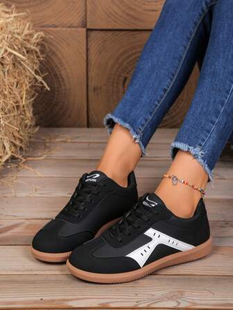 Women's New Sports Style Lace-Up Contrast Color Flat Casual Sneakers, Suitable For Travel, Vacation, Holidays, All Seasons