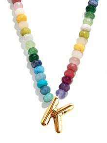 1pc Bohemian Style Colorful Natural Stone Beaded 26 Letter Copper Pendant Necklace, Suitable For Daily, Vacation, Travel, Casual Wear, Fashion Jewelry Gift For Family And Friends