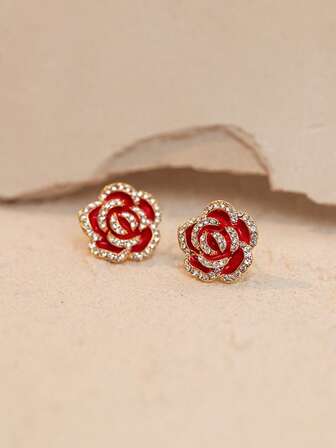 1 par örhängen med kameliaros, moderiktiga minimalistiska små örhängen, silvernål