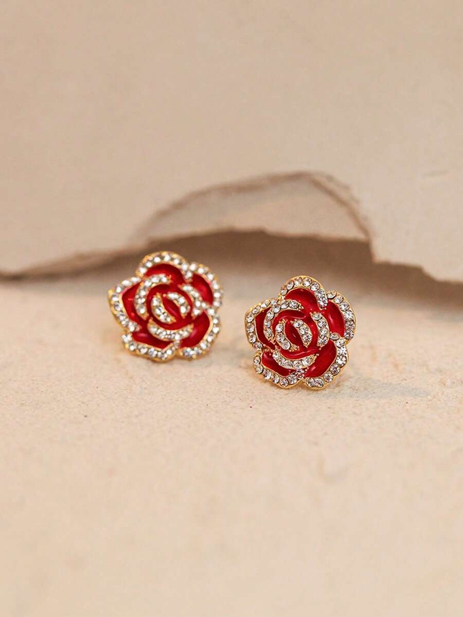 1 Đôi bông tai đính đá hình hoa trà, kiểu dáng tối giản thời trang, chất liệu bạc. - Đỏ - Xem 1