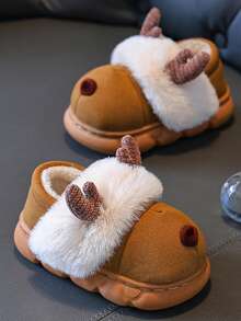 2-8岁儿童卡通可爱防滑保暖包头拖鞋，男童和女童，冬季 - 卡其色 - 查看 3