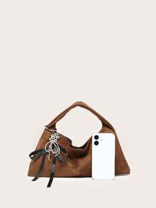 Ladies' Handbag Crescent Bag Brown Suede With Bead Bow Tie Matte Finish Lazy Retro Versatile Commuting Style Shoulder Underarm For Outings, Autumn And Winter.