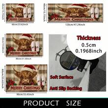 1 Stück Weihnachts-Hochlandrind mit roter Weihnachtsmütze & Stechpalmenbeeren-Muster, Faux-Woll-Fleece TPR-Boden-Fußmatte, Badezimmermatte, Küchenmatte, Waschküchenmatte, Feiertags-Dekoration, Heimdekoration, Party-Dekoration, Hochzeitsdekoration, Esszimmer-Dekoration