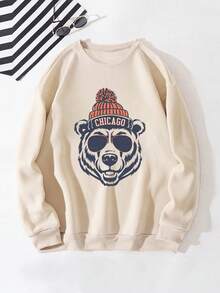 男士休闲宽松圆领卫衣，饰有熊头图案印花，芝加哥风格设计，长袖上衣 - 杏色 - 查看 3