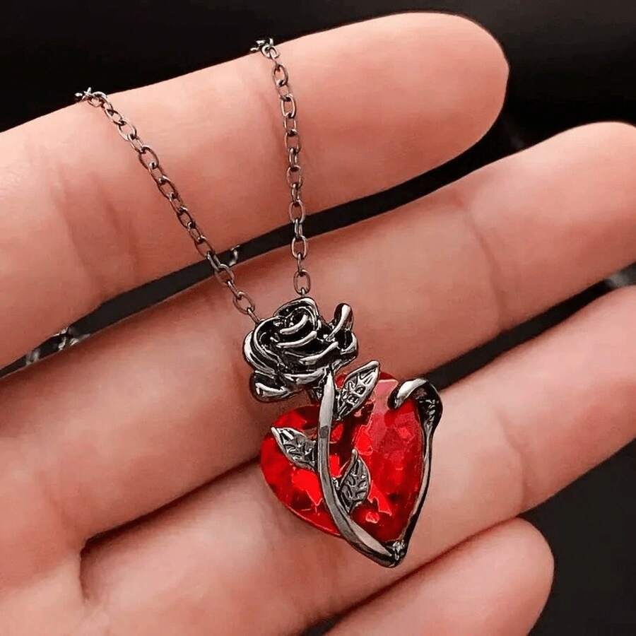 Gothic Rose Heart Necklace For Women Jewelry Flower Heart-Shaped Choker Valentine's Day Jewelry Gift - 紅色 - 查看 1