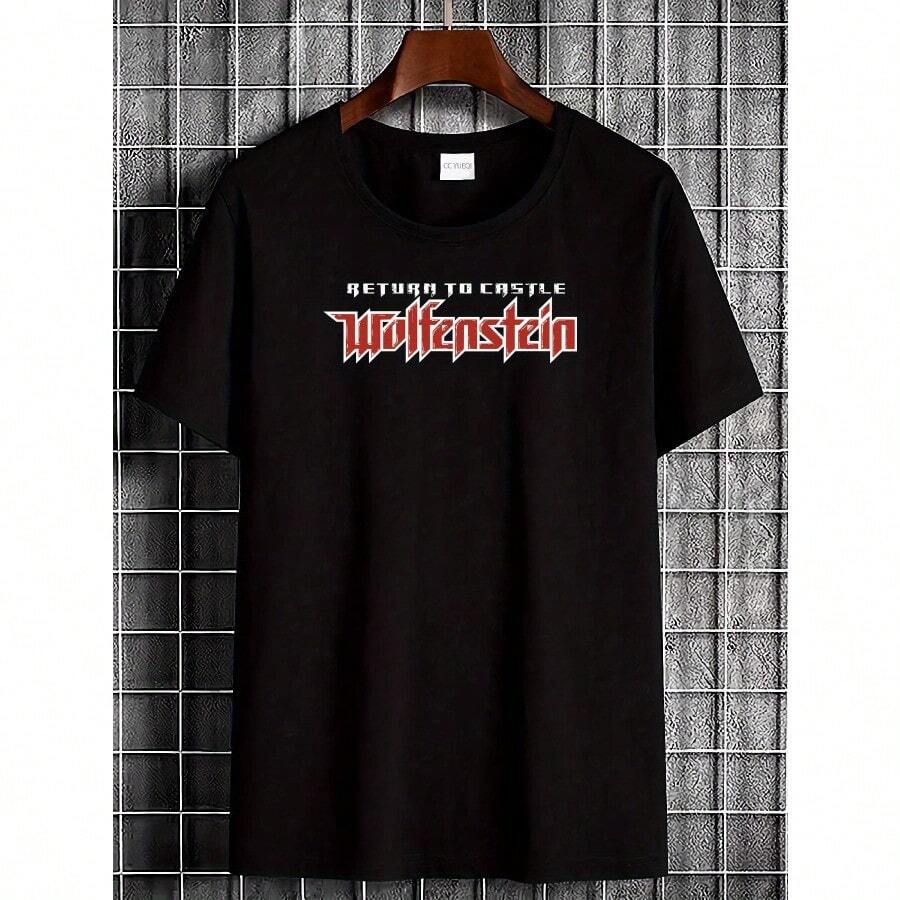 Vintage 2001 Wolfenstein Return To Castle Graphic T-Shirt - Retro Video Game Promo Tee, Black With Red & White Logo, Unisex Soft Breathable Cotton, Regular Fit Short Sleeve Casual Streetwear For Casual Attire, Comfortable Clothing, Classic Crew Neck, Durable Print Shirt, Nonstretch Fabric - Black - View 1