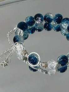 1pc Girls'  Ins Niche Crescent Moon Bracelet - Galaxy Pendant Star Beads, Random Tail String Design, Sweet Brightening Jewelry, Perfect For Kids' Daily Wear - 藍色星系 - 查看 1