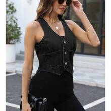 - Chaleco corto de mezclilla para mujer, sin mangas, cuello en V, chaleco de mezclilla - inicial - Ver 2