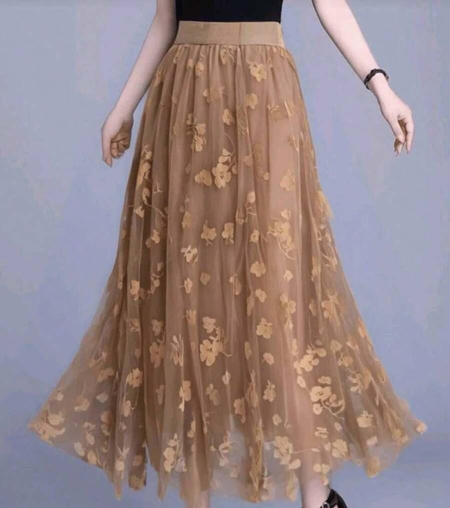 Elegant Floral Women's Long Tulle Skirt - Màu Khaki - Xem 1