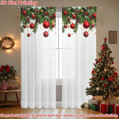 Christmas Flat Print Decorative Sheer Curtain, High Definition, Fade-Resistant, Quality Voile, Anti-Snagging, Wrinkle-Resistant, Soft & Smooth, Washable, Natural Drape, Semi-Transparent, Suitable For Living Room, Bedroom, Kitchen, Christmas Home Party Decor
