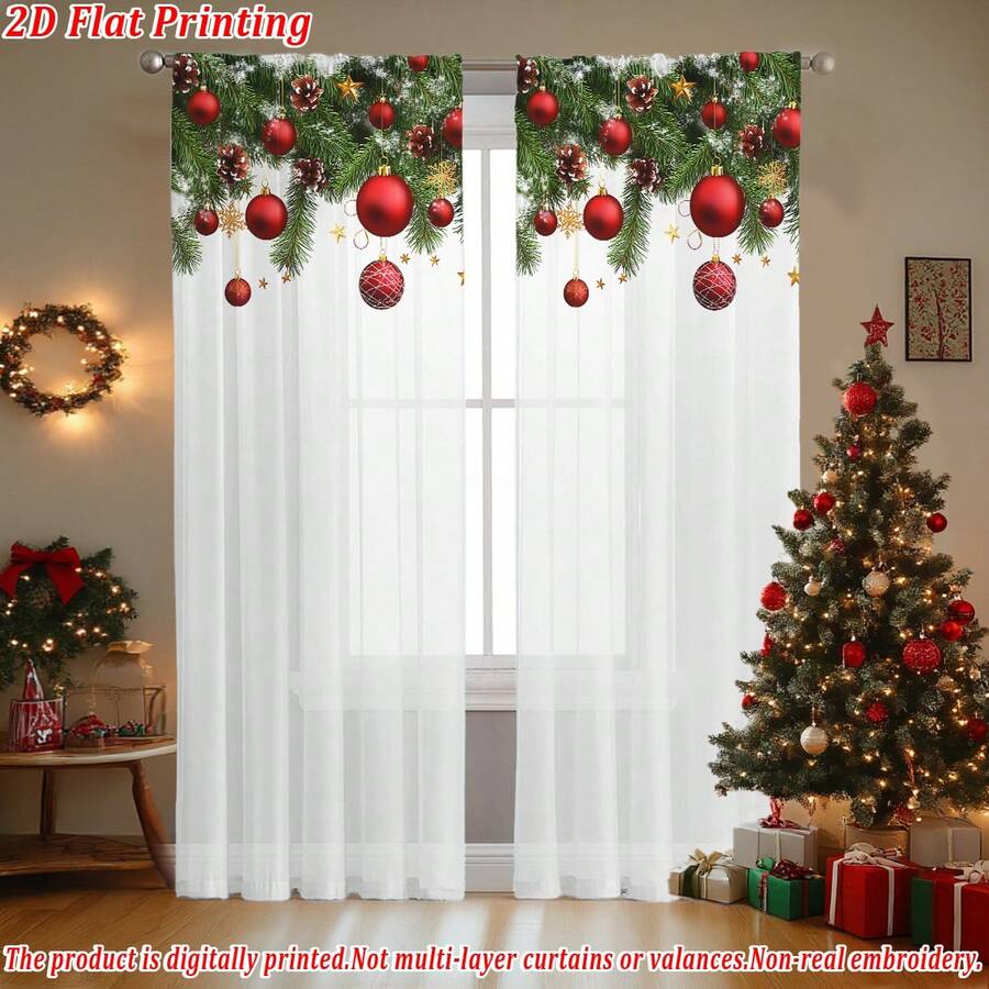 Christmas Flat Print Decorative Sheer Curtain, High Definition, Fade-Resistant, Quality Voile, Anti-Snagging, Wrinkle-Resistant, Soft & Smooth, Washable, Natural Drape, Semi-Transparent, Suitable For Living Room, Bedroom, Kitchen, Christmas Home Party Decor