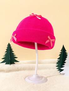 1pc Baby Girls' Knitted Beanie Hat With 3 Bows, Cute Infant Warm Knit Hat With Folded Brim, Elongated Winter Warm Baby Hat, Fashion Personalized Baby Warm Hat