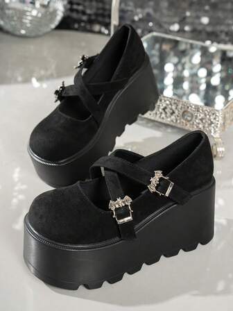 Thick Sole Vintage Leather Shoes For Short Women, French & British Style, All Season