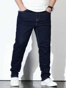 Jeans For Men Straight Plus Size Big Size Denim Pants Classic Daily Black Gray Blue - 深色水洗藍 - 查看 5