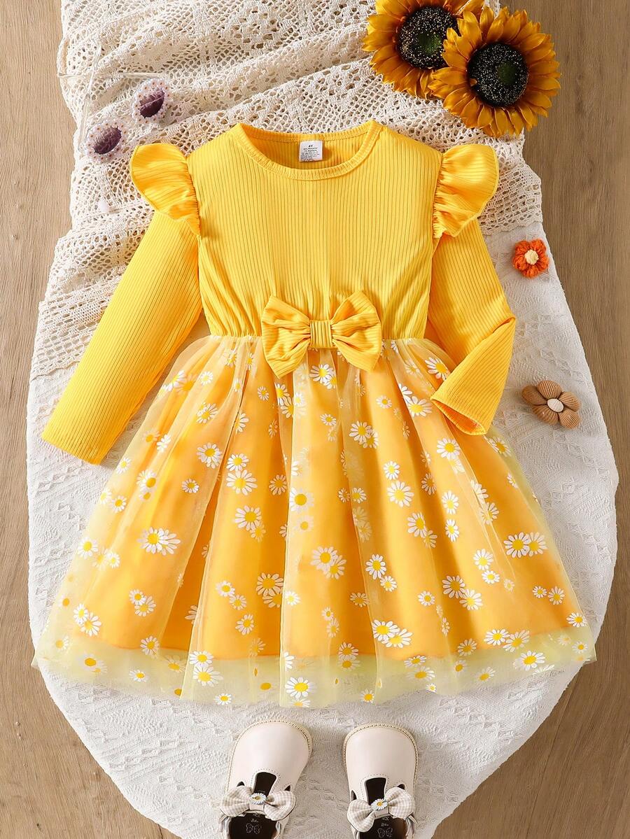 Långärmad vardagsklänning för flickor, volangermad midja med knytband och rosett, stickad klänning, vår/höst, gul lapptäcke i mesh med prästkragetryck, söt och söt klänning, bekväm mjuk och elegant klänning, lämplig för utomhusbruk, vardag, fest, högtidsgåva, åldrar 4-8 - Gul - Visa 1