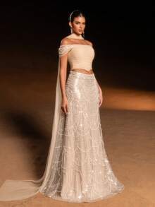 Faeriesty 情人节优雅两件套串珠晚礼服套装，露肩设计——褶皱面料紧身胸衣，精致鱼鳞串珠连衣裙，轻盈薄纱披肩，适合正式婚礼、高端晚宴、高级舞会和红毯活动，也可作为生日礼服或斋月服装。