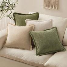 1pc Khaki Chenille Tassel Decorative Throw Pillow Cover (Pillow Insert Not Included), Soft & Comfortable Bohemian Farmhouse Style, Versatile Accent Cushion Cover For Sofa, Bed, Living Room, Bedroom, Balcony - Khaki - View 5