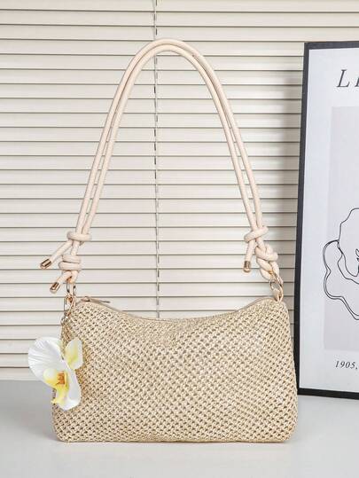 1 件女士轻质草编包配金属链，高端休闲时尚沙滩托特包单肩腋下包，大容量