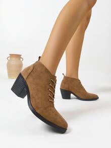 女式粗跟经典卡其色系带踝靴，时尚方头仿麂皮短靴，新款秋冬短靴 - 卡其色 - 查看 6