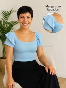 Blusa Cropped Feminina Manga Bufante Babado Canelada Verão