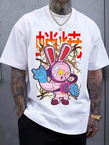 Camiseta Masculina Adulto Infantil Plus Size Casual Street Wear Algodão Premium Moda Coelho Aleatorio Rosa Anime Cartoon - Branco - Visão 2