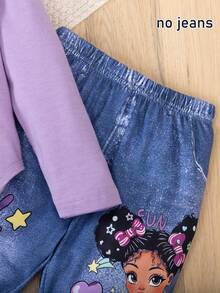 2pcs Set Young Girl Stylish Portrait Print Long Sleeve Asymmetrical Hem Sweatshirt And Denim Effect Sports Leggings Outfit, Casual Outdoor Wear, Spring/Summer - Purple - View 4