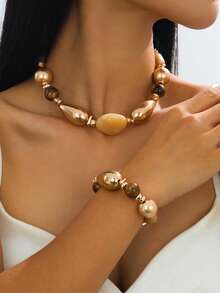 2 Pieces Set Of Vintage Thick Resin Luxury Luxury Luxury Gold Beeswax Colored Multi Colored Bead Necklace And Bracelet, Suitable For Women's Daily Wear And Bohemian Retro Style