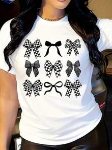 Checkered Bow T-Shirt, Coquette Bow T-Shirt, Bows T-Shirt, Black Bow T-Shirt, Retro T-Shirt - trắng - Xem 1