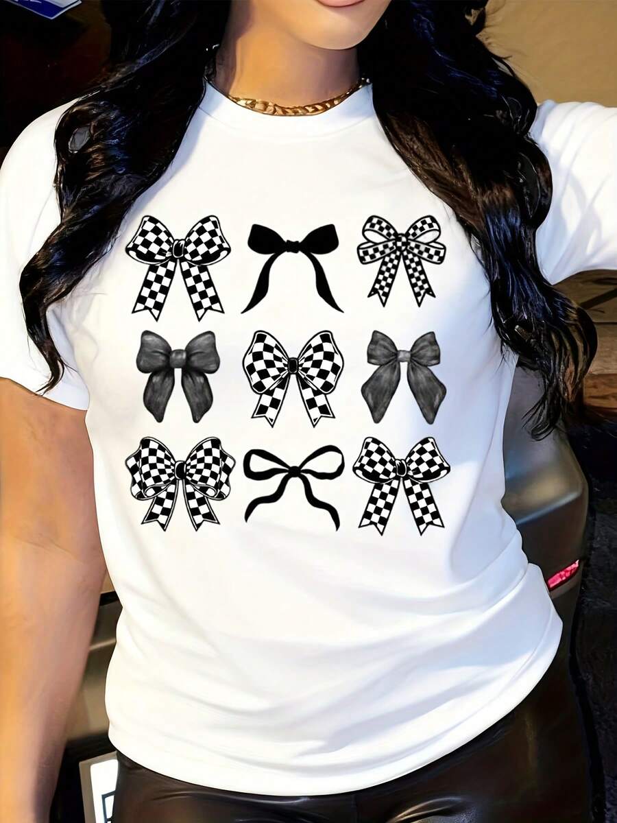 Checkered Bow T-Shirt, Coquette Bow T-Shirt, Bows T-Shirt, Black Bow T-Shirt, Retro T-Shirt - trắng - Xem 1