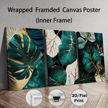 Set Of 3 Abstract Golden Green Plant Leaves Wall Poster, Creative Plant Canvas Wall Painting Gift, Bedroom Decor, Office Decor, Living Room Decor, Wall Decor, Home And Dormitory Decorative Painting Optional Frame Painting, Wall Art With Frame