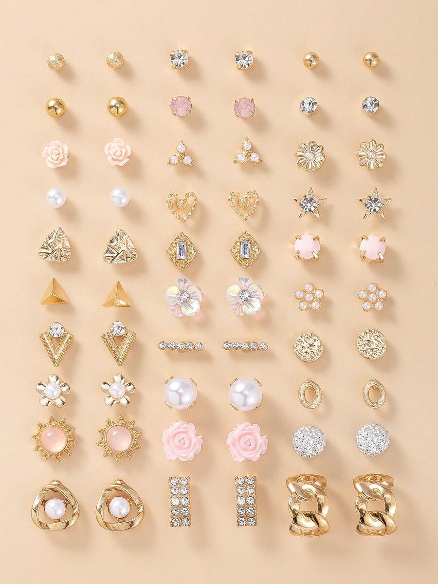 Bộ 30 đôi khuyên tai đính ngọc trai giả kim loại nhỏ hình trái tim đính đá Rhinestone tối giản thanh lịch, quà tặng sang trọng cho phụ nữ - Nhiều màu - Xem 1