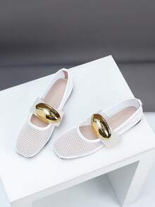 1 Par de Sapatilhas de Balé Francesas da Moda para Mulheres, Estilo Mary Jane, Plana, Sandálias com Recorte em Tela/Rede