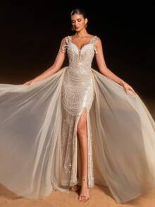 Faeriesty Luksusowa suknia wieczorowa typu syrena w stylu haute glamour z odkrytymi ramionami i koralikami, z cekinami i przezroczystymi, falbaniastymi rękawami | Koronkowe zdobienie z tyłu | Elegancki, formalny fason | Idealna na imprezy z czerwonym dywanem, wesela, gale i bale maturalne