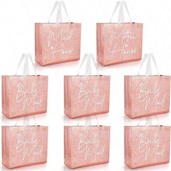 8 Pcs Pink Bridesmaid Bags Non - Woven Reusable Tote Bags With Handles Glossy Wedding Welcome Guests Wedding Bridal Shower BacheloretteEngagement Party Favors DecorsPink
