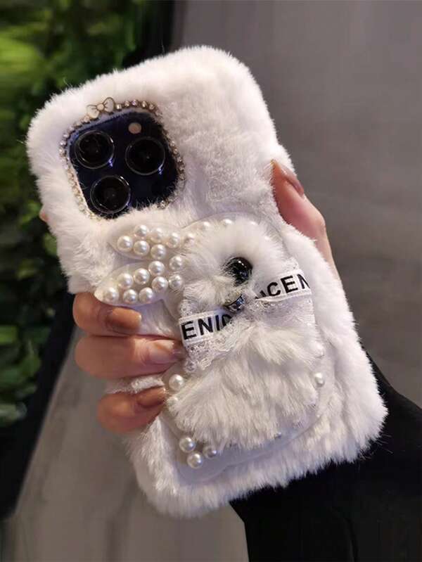 1 pieza Funda de teléfono de conejo de perlas falsas esponjosas blancas apta para iPhone11, 11Pro, 11ProMax, 12, 12Pro, 12ProMax, 13, 13Pro, 13ProMax, 14, 14Pro, 14Plus, 14ProMax, 15, 15Pro, 15Plus, 16, 16Pro, 16ProMax, 16Plus, 17, 17Pro, 17Air, 17ProMax, Otoño/Invierno