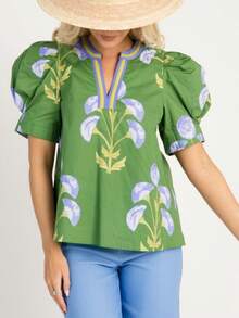 Women's Boho Floral Print Casual T-Shirt Puff Sleeve Notch V-Neck Blouse Tops For Spring Summer Streetwear Aesthetic Clothes - 綠色 - 查看 3