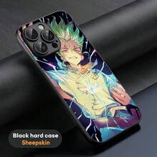Dr.STONE Anime Senkuu Phone Case Cover Compatible With  16 15 14 13 12 11 Plus Pro Max Limited Edition Black Hard Case Sheepskin Cover Compatible With  17 Case,  17 Pro Case,  17 Pro Max Case