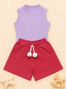 Children's And Youth Set Basic Tank Top + Ribbed Shorts With Pompom Super Stylish 2-Piece Kit For Girls And Teenagers Spring Summer CJI039 - Rosa y lila - Ver 2