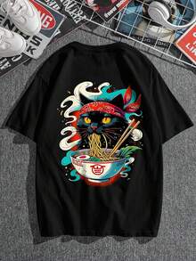 AnChiStreetwear - Modische Herren Große Größen Lässig Kurzarm T-Shirt mit kreativem Katzen-Ramen-Motiv, geeignet für Streetwear, Outdoor und täglichen Gebrauch - Schwarz - Übersicht 2