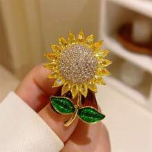 Sunflower Brooch High-End Women's Crystal Corsage Anti-Exposure Buckle Personalized Pin Collar Pin Clothing High-End Accessories - 金色 - 查看 7