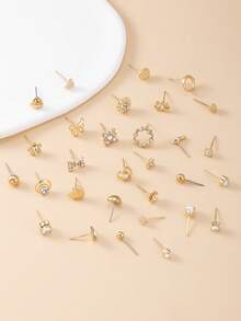 60pcs Fashion Metal Butterfly, Heart, Rhinestone, Moon, Bow Knot, Flower Stud Earrings Set, Jewelry Gift, Suitable For Women's Daily Wear - Yellow Gold - View 2