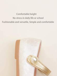 1 Pair Elegant Colorblock Cute Bow & Pearl Decor Girls/Kids Flat Shoes, Soft & Comfortable, Suitable For Spring, Summer, Autumn - Gold - View 5