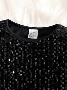 2 sztuki/zestaw dziewczęcy: koszulka z cekinami w groszki i spódnica z elastyczną talią, modny i elegancki okrągły dekolt, puszysty brzeg rękawów, odpowiedni na wiosnę, jesień, zimę, imprezę na świeżym powietrzu, prezent urodzinowy, 4-8 lat - Czarne - Zobacz 3