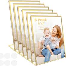 Acrylic Gold Frames 5X7, Slanted Back Gold Picture Frames Table Acrylic Sign Holder For Photos Wedding Table Numbers And Art Display With Removable Clear Sticky Dots,6Pack/15Pack
