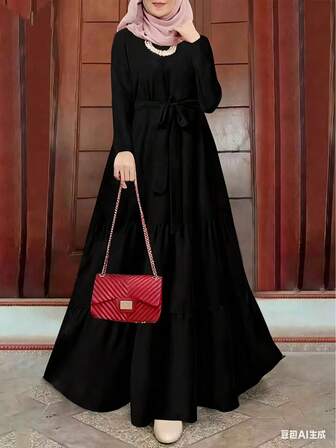 女式优雅纯色长袖连衣裙，春夏