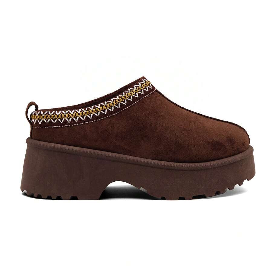 RevReaL Women's Platform Clogs - Chunky Sole Mules With Embroidery Detail, Casual Faux Fur Lined House Slippers - Brown - View 1